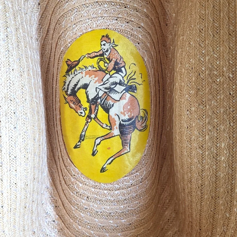 Vintage Straw Cowboy Hat 7 3/8 Natural Tan Woven Western Cattleman Crease